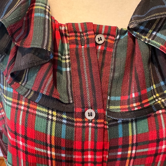 JCREW Plaid Holiday Top Sleeveless Ruffle Collar Black Stewart Tartan Cami Lined - Picture 3 of 8